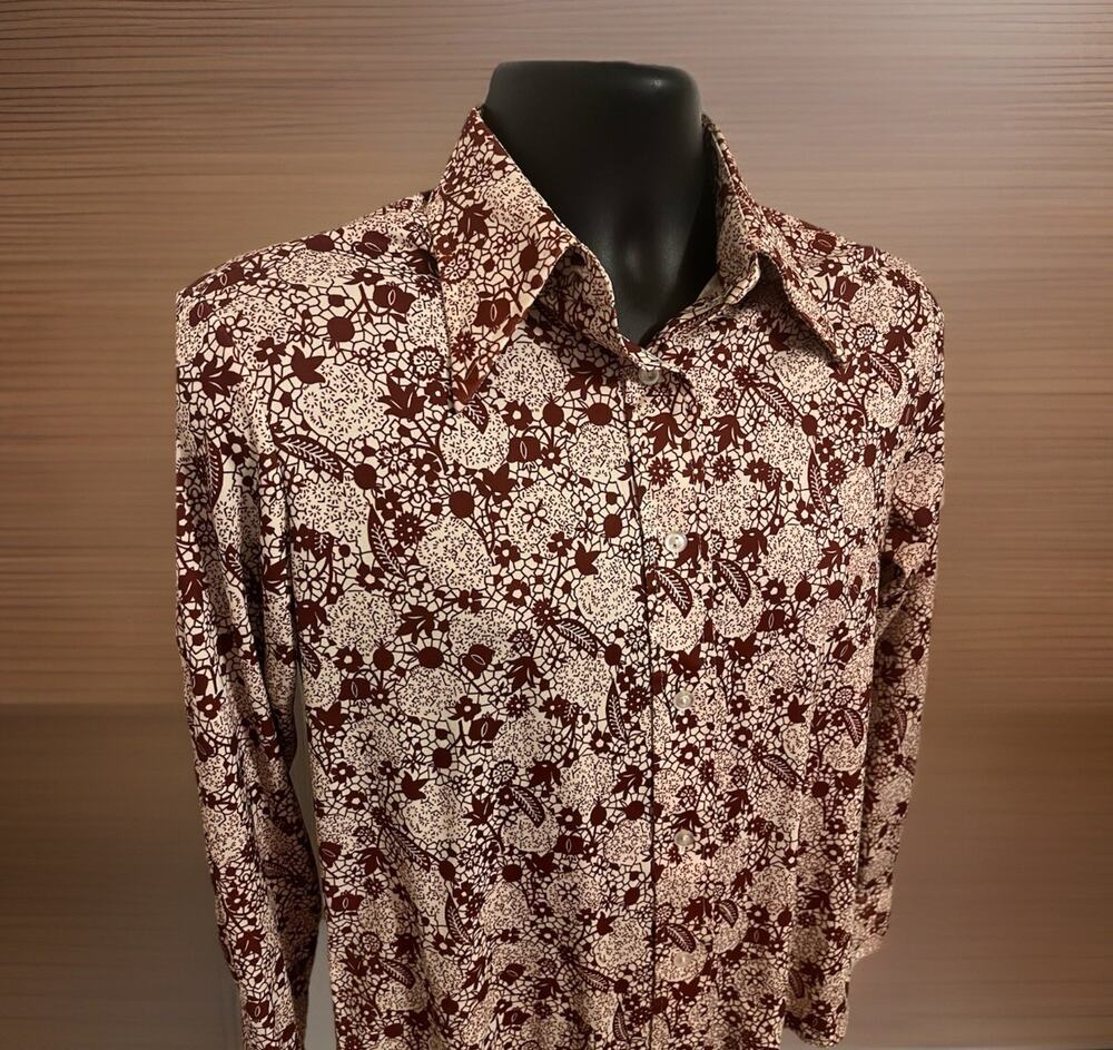 VTG 70s Dagger Collar Shirt Floral Geometric Mod Disco Long Sleeve S/M